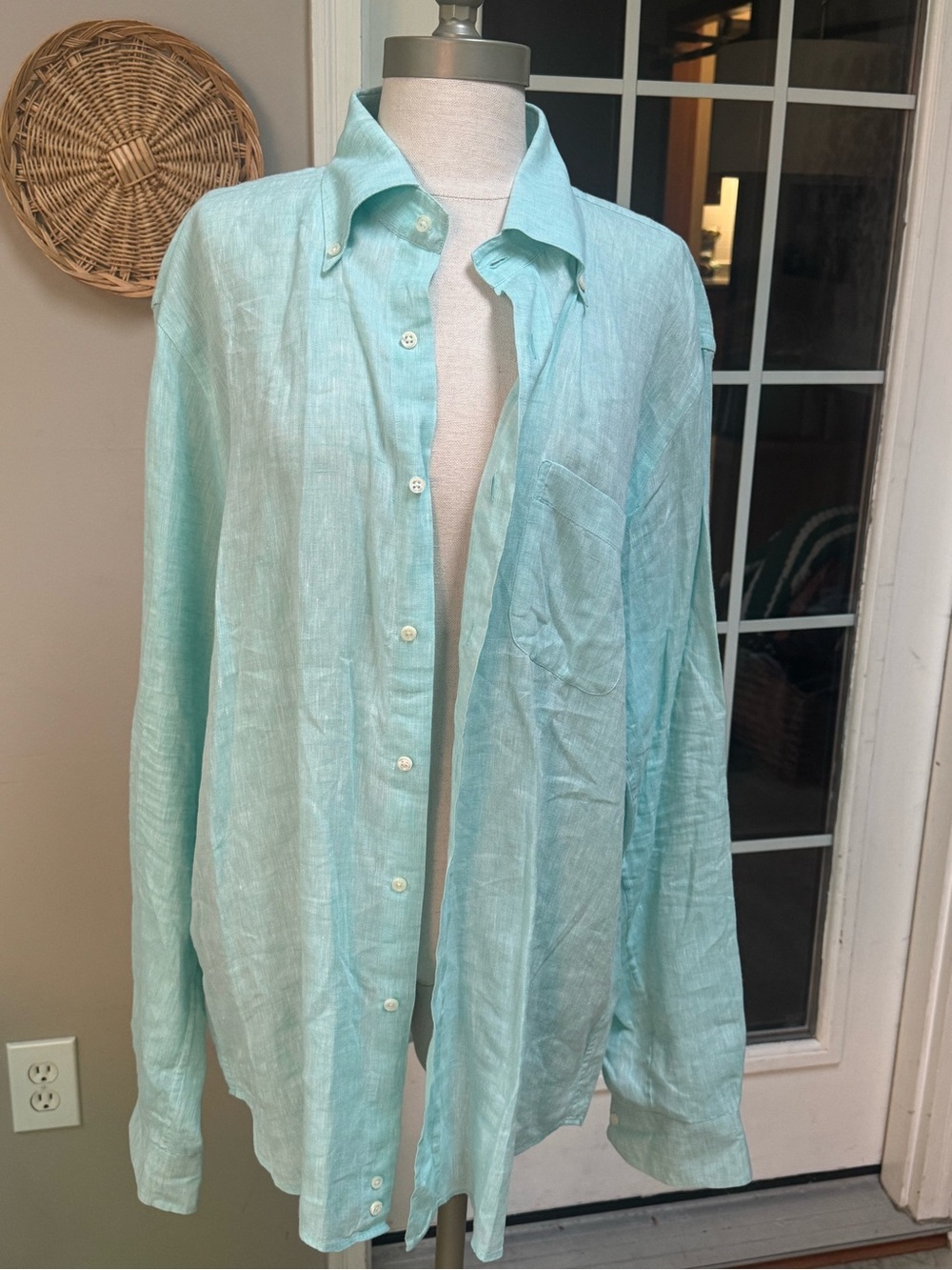Men's 100% Linen L'Ancora Portofino  Button Down Shirt Mint Green XL 43/17